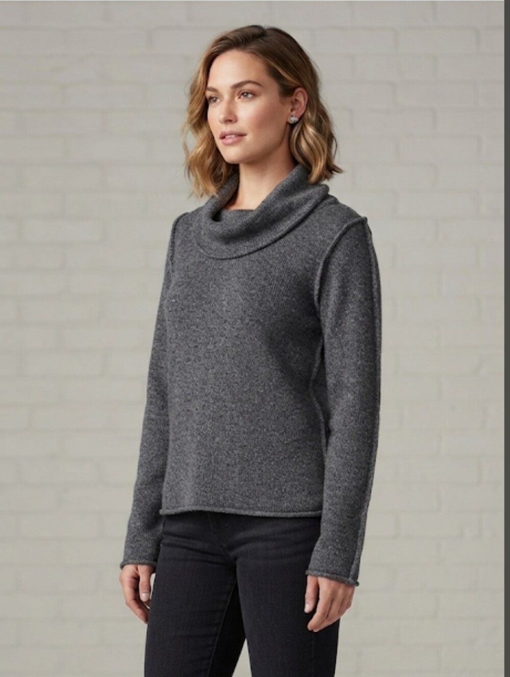 Ladies Converse One Charcoal Gray Cowl Neck Knit Sweater Rolled Cuff Hem Size XL